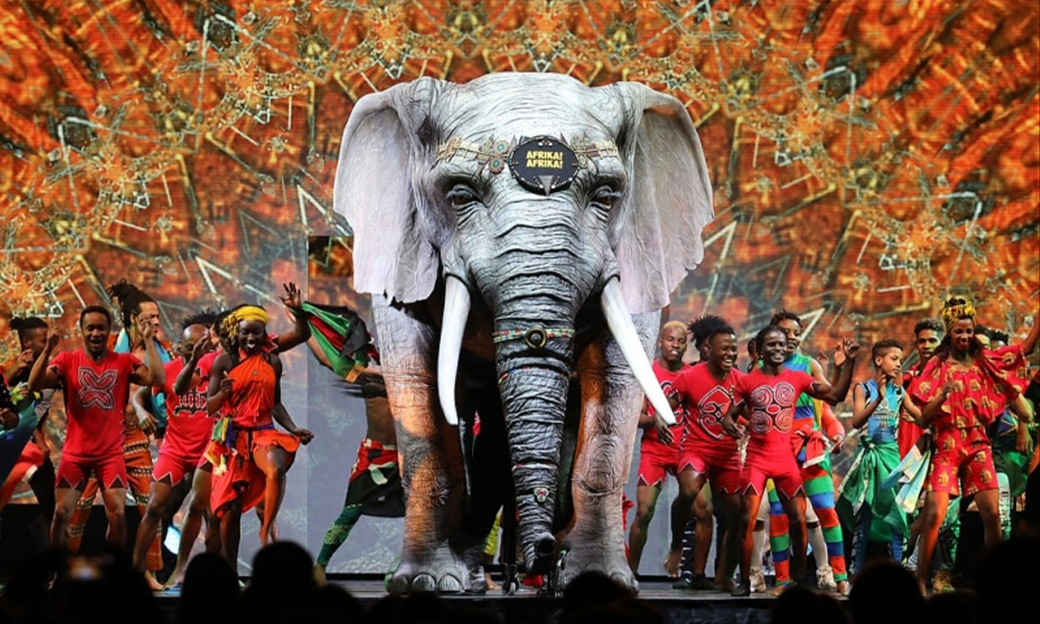 Künstler der Show Afrika! Afrika! performen in farbenfrohen Kostümen eine energiegeladene Tanz- und Akrobatiknummer.